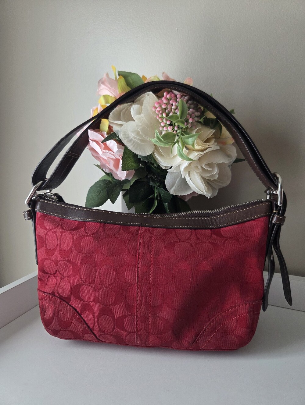 Vintage Coach Red Signature Canvas Shoulder Bag with Brown Trim